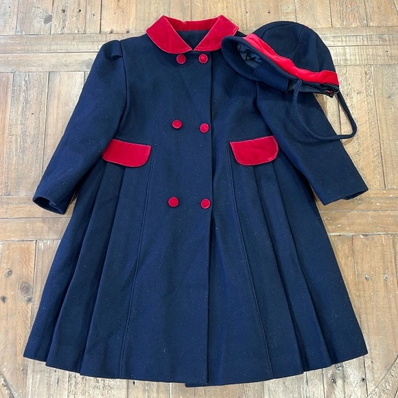 Vintage USA navy wool pleated velvet trim button front long pea coat and hat - Picture 1 of 16